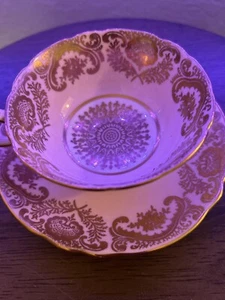 Taza de té y platillo raro Paragon doble garantía amarillo y dorado Inglaterra vintage años 40’s - Imagen 1 de 23