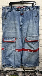 Marithe Francois Girbaud Jean Shorts Denim 40 Red Shuttle Tape Wide Leg Y2K Long - Picture 1 of 17