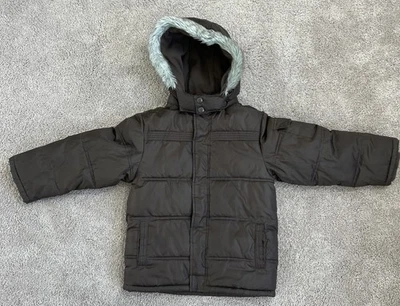 En muy buen estado Gymboree Abrigo Chaqueta Puffer Capucha Borde Piel Marrón Gris S (5-6) Foto 1 de 4