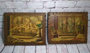 Vtg 70’s Varnished Wood Decoupage Ship Pictures Unique Nautical Set Of 2 - Picture 1 of 4