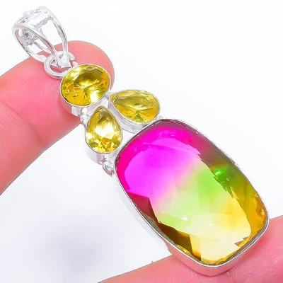 Tri-Colore Quarzo, Citrino Gemma 925 Argento Sterling Ciondolo Gioielli 6.6cm - Immagine 1 di 4