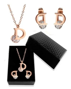 Rose Gold “D” Initial Necklace & Earrings Set – Alloy & Resin | Gift ***With BOX - Picture 1 of 3