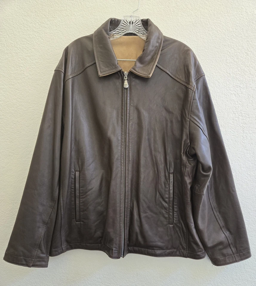 Chaqueta Impermeable Adulto L Marrón Beige Cuero Gamuza Reversible Cremallera Completa Abrigo Foto 1 de 4