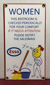 VINTAGE 1957 DATED ESSO WOMENS RESTROOM PORCELAIN SIGN GAS OIL DROP - Picture 1 of 8
