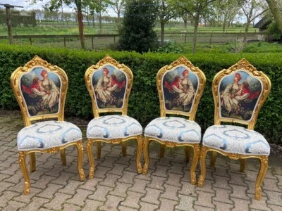 Chairs Set of 4 Custom Made French Louis XVI Dining Seats Gold Leaf Damask - Image 1 of 4