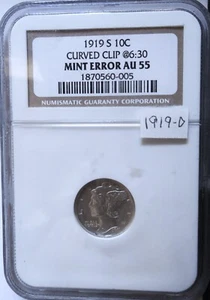 1919-d Mercury Dime . NGC AU55 . Choice AU . Curved Clip @6:30 Mint Error - Picture 1 of 4
