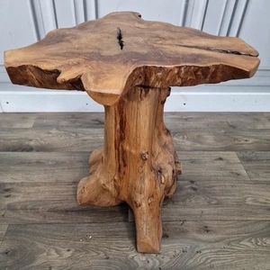 Rustic Tree Root Side Table Live Edge Solid Wood Trunk Log Slice Top Brutalist - Picture 1 of 24