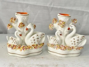 ANTIQUE VICTORIAN PAIR OF STAFFORDSHIRE SPILL VASES SWANS HAND PAINTED POSY VASE - Picture 1 of 11