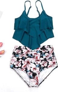 High Waisted Swimsuit Tankini Flounce Top Bikini Bottom Tummy Control Size L - Picture 1 of 5
