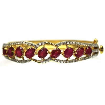 Gemstone Heated Red Ruby & White Zircon Bangle Cross 2" x 2" 925 Silver 18K Gold - Image 1 of 4