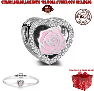 Charm,bead,Argento S925,rosa,cuore,love,family,bracciale,collana,punto luce,fit - Foto 1 di 5