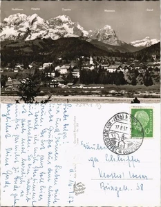 Ansichtskarte Krün Panorama Ort und Alpen Berge, z.B. Zugspitze 1957 - Bild 1 von 3