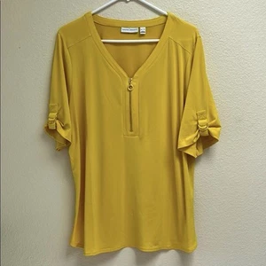 Susan Graver Mustard Yellow 1/4 Gold Zip Short Sleeve Blouse, Size XL Polyester - Picture 1 of 10