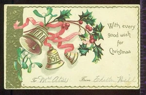 Bells Mistletoe Holly Gold Unused Christmas Postcard - Picture 1 of 1