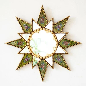 Green Accent Round Wall Mirror 17.7" Starburst Gold Mirror decor for living room - Picture 1 of 7