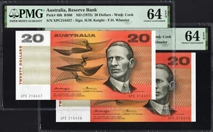 Australia 2 x 20 Dollars P46b R406 1975 Knight Wheeler PMG64 UNC EPQ RARE SET - Picture 1 of 5