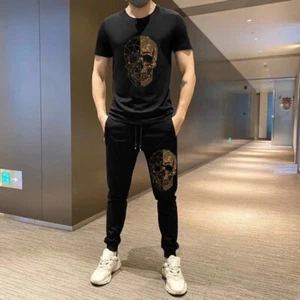 New Men Luxury Skull Rhinestones Set Black T-Shirt & Pants High Quality Suit - Picture 1 of 8