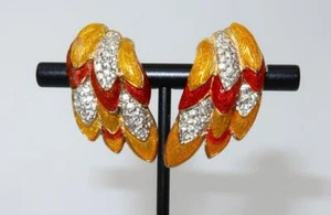 Judith Lieber Orange & Gold Enamel & Rhinestones Earrings, 1 3/8" - Picture 1 of 5