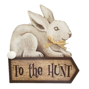 Primitive Easter Bunny Sign To The Hunt Wood Hanging Raffia Bow Pom Pom Ganz New - Picture 1 of 8