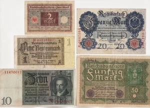GERMANY 5 Notes: 1 RM 1937, 2 Mark 1908, 10 RM 1929, 20 Mark 1908, 50 Mark 1919 - Picture 1 of 2