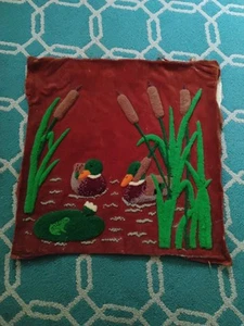 Vtg Crewel Punch Work Wool Panel Mallard Among Cattails 17 X 17 - Picture 1 of 6