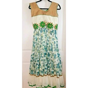 Vintage 60er Kleid 70s lang blau weiß Blumen gold Chevron Print Handarbeit klein - Bild 1 von 7