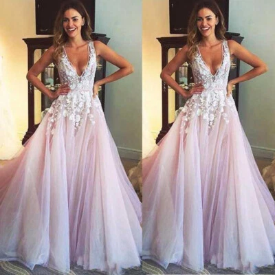 Beach Pink Wedding Dresses With Train Deep V Neck Lace Appliques Bridal Gowns - Image 1 of 4