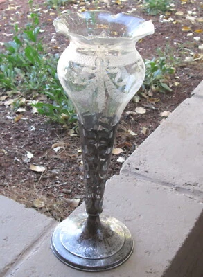 Jarrón Gorham Art Nouveau perforado de plata de ley y vidrio 14,75", sello antiguo Foto 1 de 4