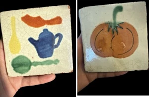 "2 antike Fliesen handbemalt Fliesen Kürbis Krug Küche Dekor 4""x4""" - Bild 1 von 15