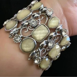 Vintage breites Armband hellgelb & klare Strasssteine dehnbar - Bild 1 von 5