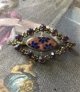Antique Art Nouveau Guilloche Pin Brooch Enamel Lavender Stones Forget Me Nots - Picture 1 of 5