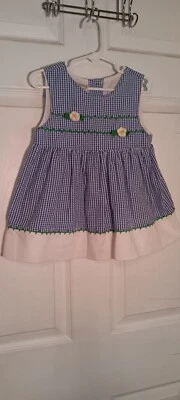 Vestido de sol guinga azul bellamente detallado de Samara en percha es de 17"L 3T  Foto 1 de 4