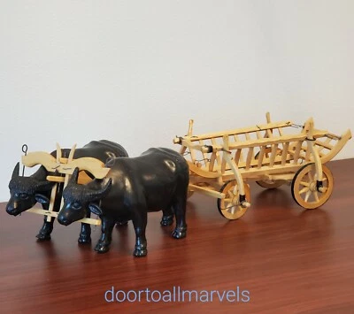 Arte popular de colección Transilvania bueyes y vagones hechos a mano de cerámica y madera tallada POCO COMÚN Foto 1 de 4