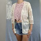 Women’s Lace Top Ivory Cream 3/4 Sleeve Open Duster Sheer Boho Holiday Size M/L