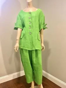 Vintage Ronet Linen Wide Pant Set Safari Short Sleeve Top Lime Green Rare Sz XL - Picture 1 of 11