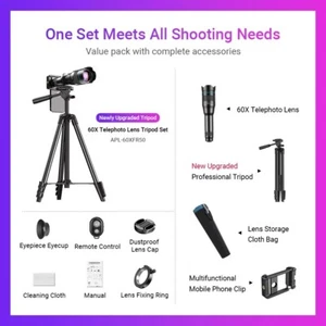 60X Mobile Phone Astronomical Telephoto Zoom Lens With Tripod And Remote - Zdjęcie 1 z 6