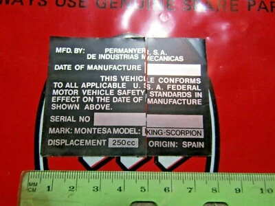 Calcomanía Montesa King Scorpion 250 VIN marco p/n calcomanía NOS 34M 44M 1970-1976 Foto 1 de 3