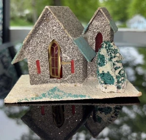 Vintage CHRISTMAS Dark Mica & Composition PUTZ Cottage House, Japan - Picture 1 of 11