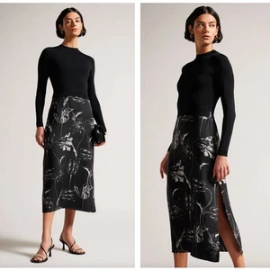 TED BAKER Alettaa Knit Twofer Midi Dress Black Floral Sz 3 / M {3X5} - Picture 1 of 5