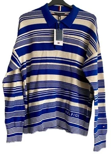 Tommy Hilfiger Hombre Azul/Crema Manga Larga Polo Camisa Jersey Mediano Nuevo con Etiquetas - Imagen 1 de 11