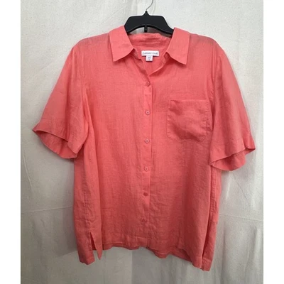 Camisa Top Coldwater Creek 100% Lino Cuadrada con Botones 1X Coral S/S Beachy Resort Foto 1 de 4