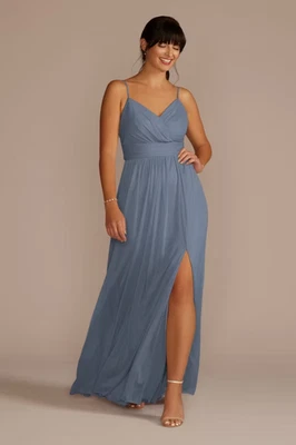 Vestido de novia David Dama de honor Correa de espagueti Cintura acanalada Malla Talla 12 Azul Foto 1 de 4