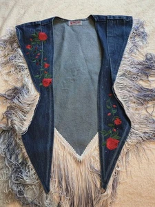 Vintage 1970s Wanted by Beads fringed western shawl Blue Jean Roses Gems - Picture 1 of 7