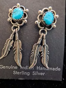 Orecchini Vintage Navajo Argento Sterling Turchese 2 Pendenti Piuma - Foto 1 di 2