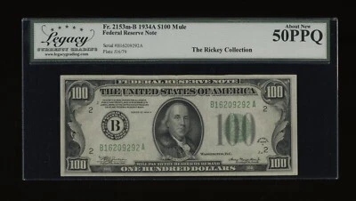 DBR 1934-A $100 FRN New York Mule Fr. 2153-Bm Legacy AU-50 PPQ Serial B16209292A - Image 1 of 2