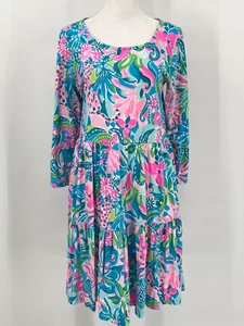 Lilly Pulitzer Geanna Swing Dress Sz Medium Pink Blue Bold Floral Supima Cotton - Picture 1 of 17