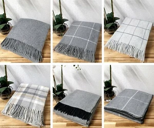 Grau Luxus Lammwolle Überwurf Decke Karo Uni Waffel passende Designs - Bild 1 von 8