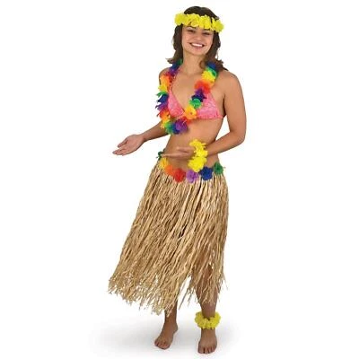 Deluxe Genuine Raffia Luau Party Hula Skirt w Flowers, Tan, Adult 32" Waist - Image 1 of 2