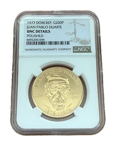 Dominican Republic 1977 Gold 200 Pesos NGC UNC Details Juan Pablo Duarte - Picture 1 of 2