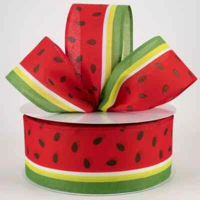 2.5" Watermelon Slice Satin Stripe Wired Ribbon (10Yards) - Image 1 of 2